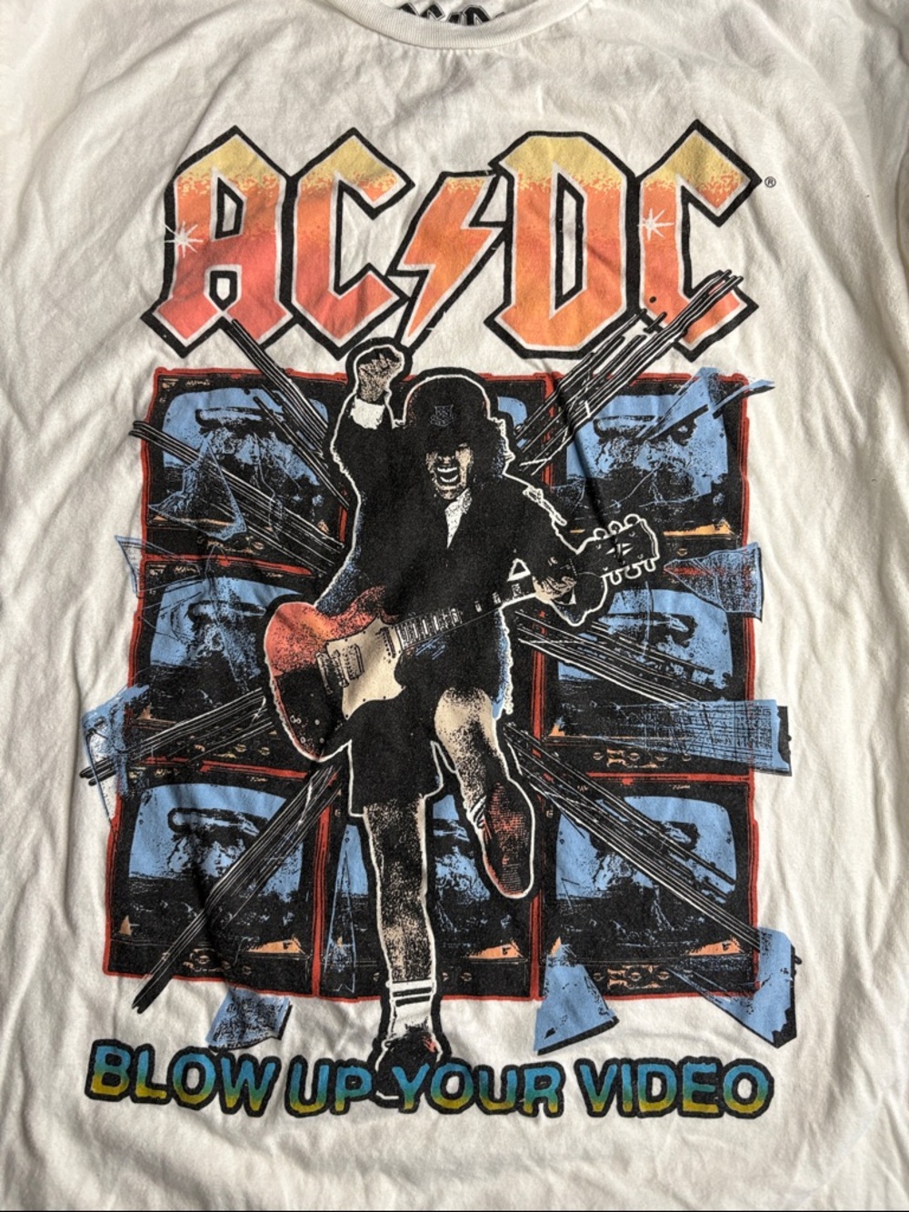 AC/DC White Tee with Orange, Blue & Black Graphic